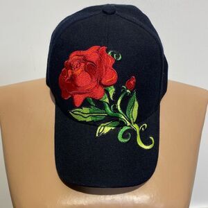 Santo Cap Women's Black Long Stem Red Rose Embroidered Baseball Cap Hat One Size